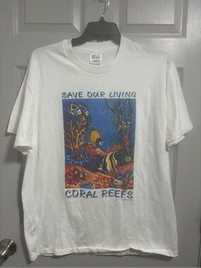 Vintage Save Our Living Coral Reefs T-Shirt Mens XL White Human-I-Tees Ocean